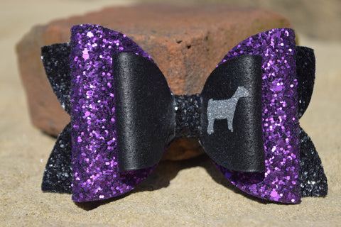 GLITTER & FAUX LEATHER BOW 4.5" PURPLE AND BLACK [YOU CHOOSE THE ANIMAL]