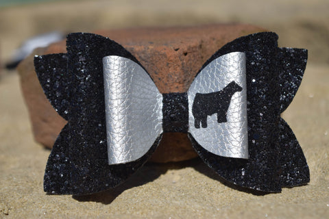 GLITTER & FAUX LEATHER BOW 4.5" SILVER WITH BLACK [YOU CHOOSE THE ANIMAL]