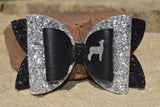 GLITTER & FAUX LEATHER BOW 4.5" BLACK WITH SILVER [YOU CHOOSE THE ANIMAL]