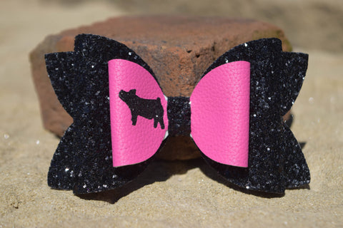 GLITTER & FAUX LEATHER BOW 4.5" PINK AND BLACK [YOU CHOOSE THE ANIMAL]