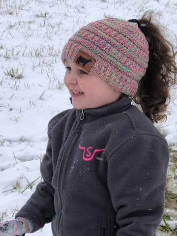 KIDS PONYTAIL/MESSY BUN BEANIE WITH PATCH [YOU CHOOSE ANIMAL]